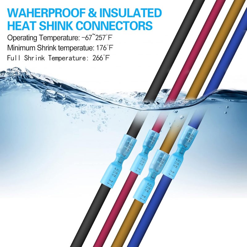 VAMRONE 100 PCS 16-14 AWG Waterproof Heat Shrink Quick Disconnect Connectors, Crimp Electrical Wire Female Spade Connectors Insulated Disconnect for Marine Automotive Motorcycle Home Wiring (Blue) - Image 4